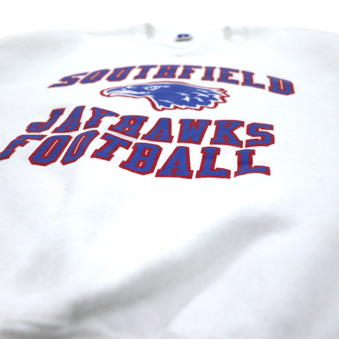 Made in USA 90s RUSSELL ATHLETIC Football Print Sweatshirt XXL White Cotton Fleece Lining Arch Logo SOUTHFIELD JAYHAWKS FOOTBALL