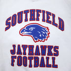 Made in USA 90s RUSSELL ATHLETIC Football Print Sweatshirt XXL White Cotton Fleece Lining Arch Logo SOUTHFIELD JAYHAWKS FOOTBALL