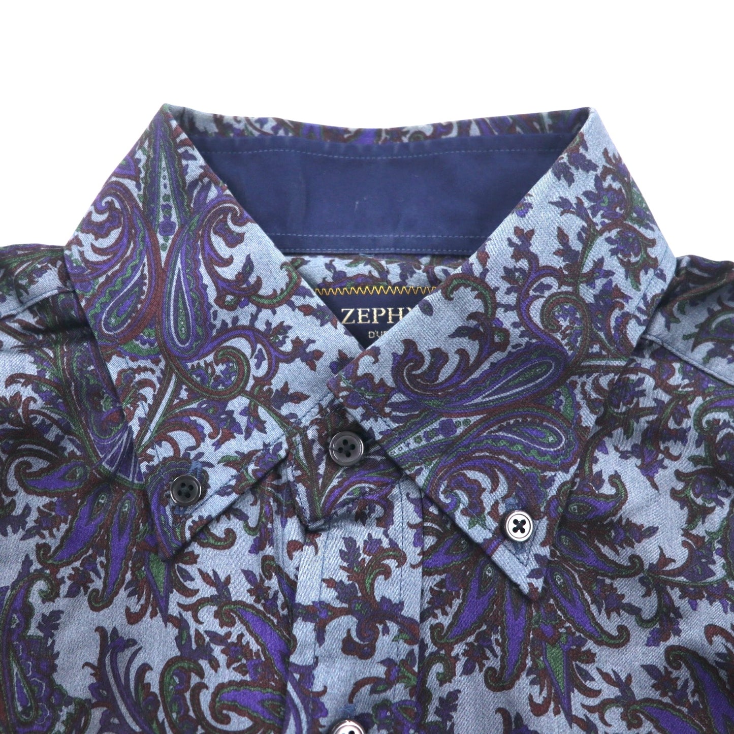 ZEPHYR ( D'URBAN ) ボタンダウンシャツ M ネイビー リヨセル 総柄 ペイズリー 日本製