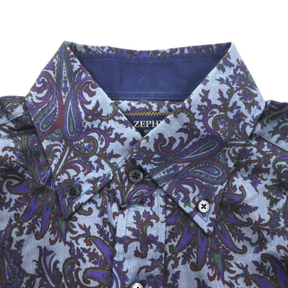 ZEPHYR ( D'URBAN ) ボタンダウンシャツ M ネイビー リヨセル 総柄 ペイズリー 日本製