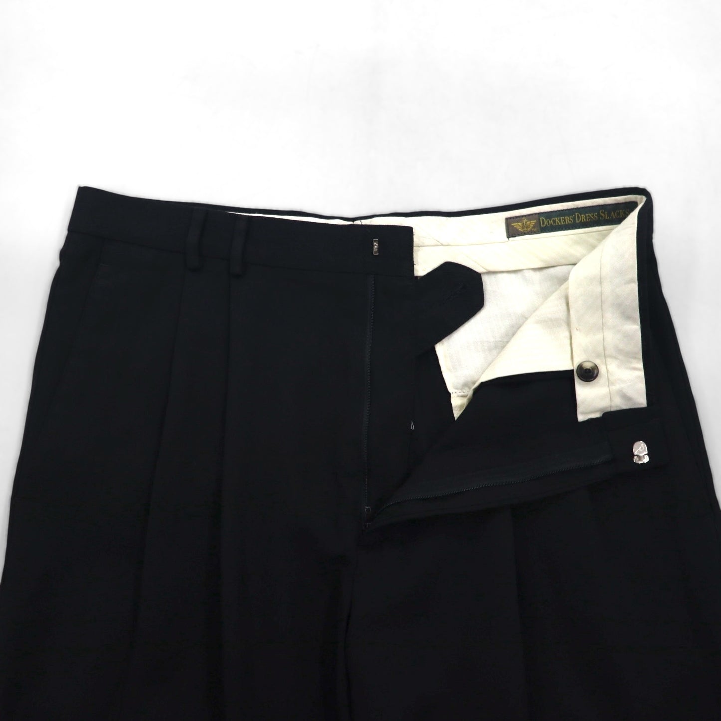 DOCKERS (Levi's) DRESS SLACKS, 90s, 2-pleat wide-leg slacks, size L, black, polyester and wool.