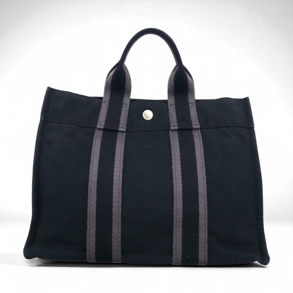 HERMES Foul Tote PM Tote Bag, Black Cotton Canvas, Made in France