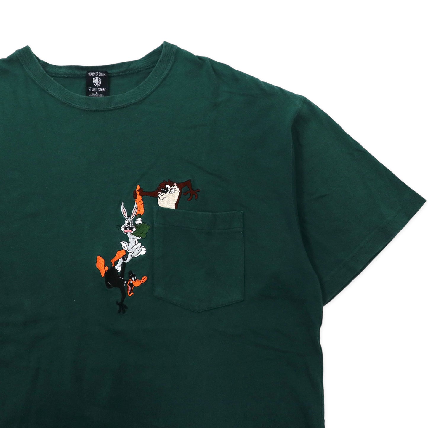 WARNER BROS 90年代 ビッグサイズ ポケットTシャツ L グリーン コットン キャラクター刺繍 Looney Tunes