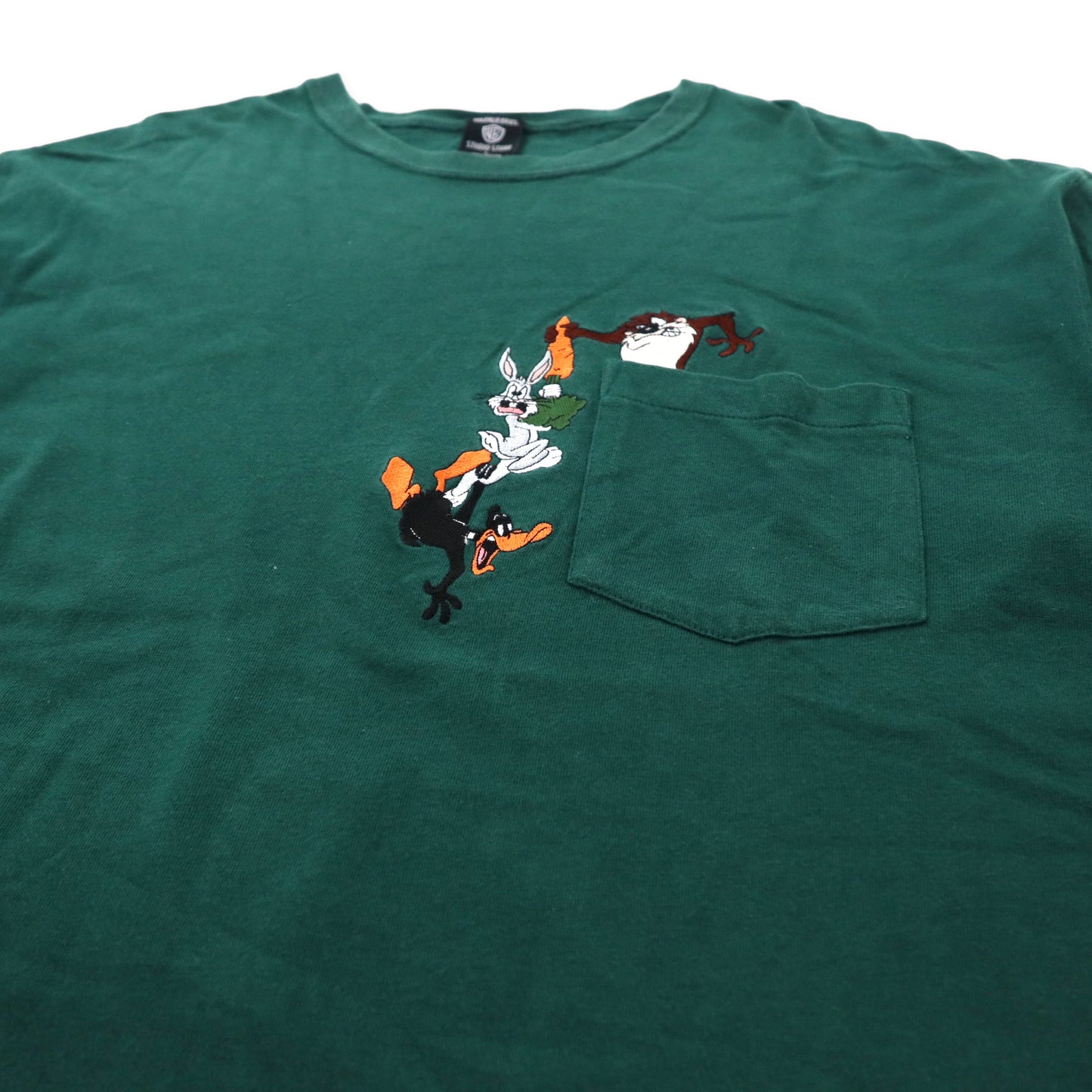WARNER BROS 90年代 ビッグサイズ ポケットTシャツ L グリーン コットン キャラクター刺繍 Looney Tunes
