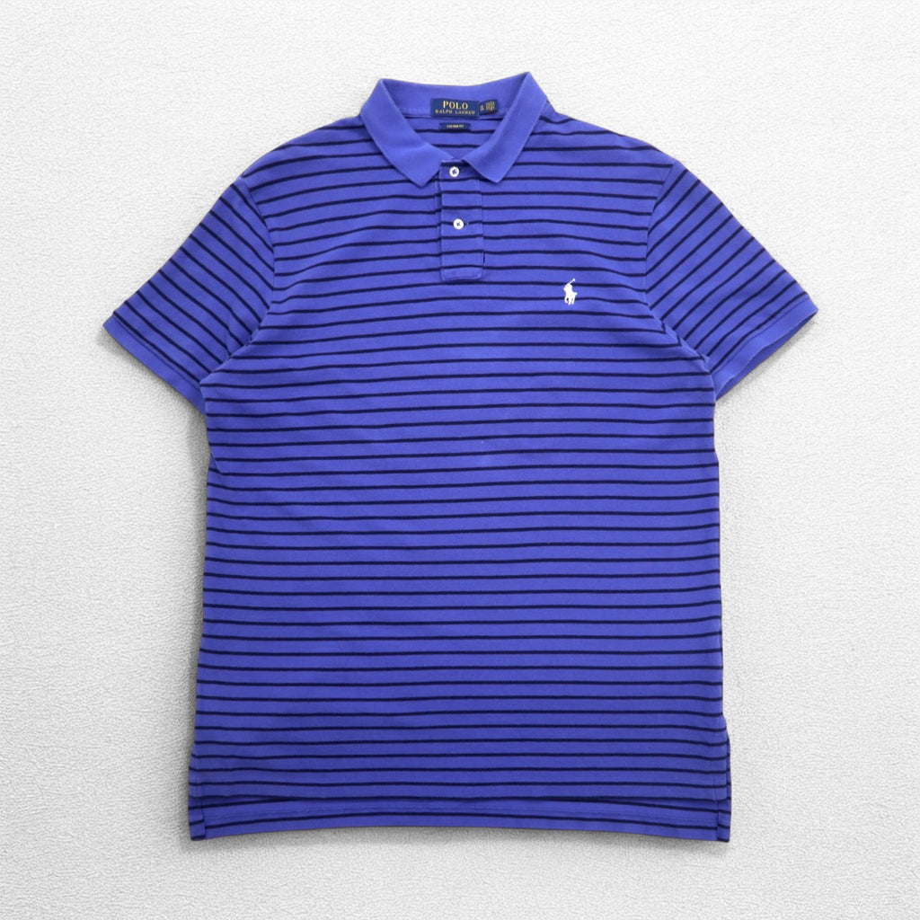 POLO RALPH LAUREN Custom Fit Border Polo Shirt XL CUSTOM FIT Blue Pique Small Pony Embroidery