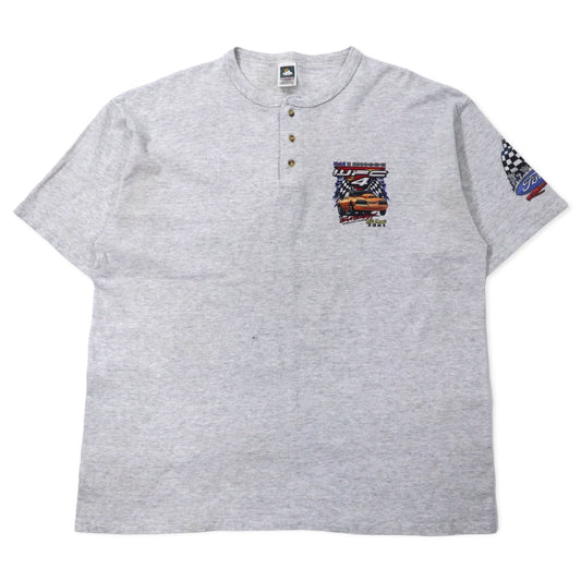 日本然リトテ-古着オンライン-USA製 00年代 COTTON DELUX レーシングカー プリント ヘンリーネック Tシャツ 2X グレー コットン Ford Racing ビッグサイズ-USA Made 00's COTTON DELUX Racing Car Print Henley Neck T-Shirt 2X Gray Cotton Ford Racing Big Size