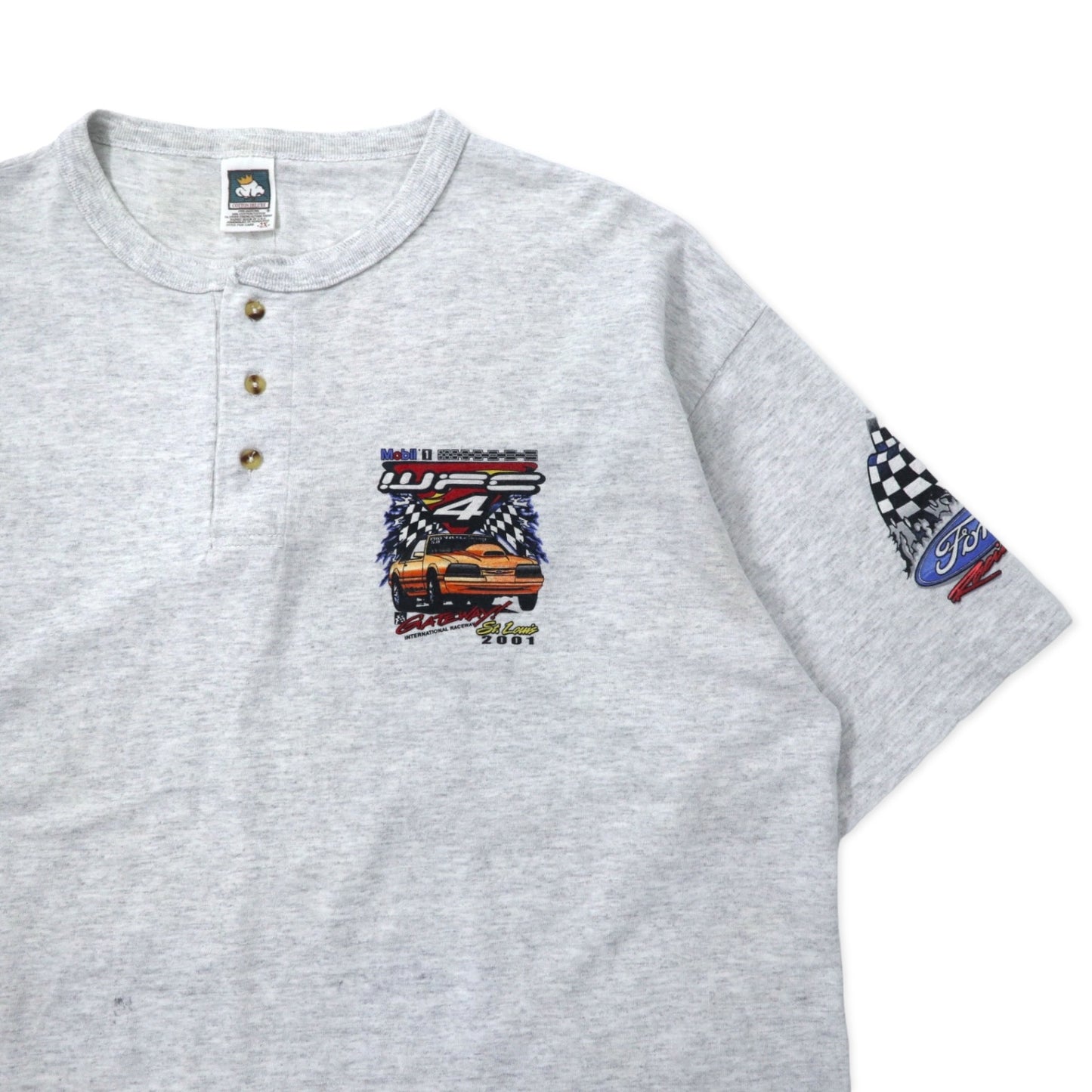 USA製 00年代 COTTON DELUX レーシングカー プリント ヘンリーネック Tシャツ 2X グレー コットン Ford Racing ビッグサイズ