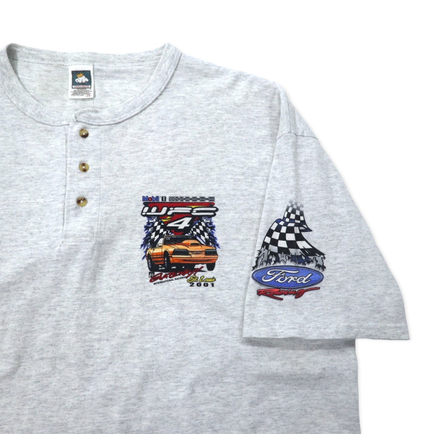 USA製 00年代 COTTON DELUX レーシングカー プリント ヘンリーネック Tシャツ 2X グレー コットン Ford Racing ビッグサイズ