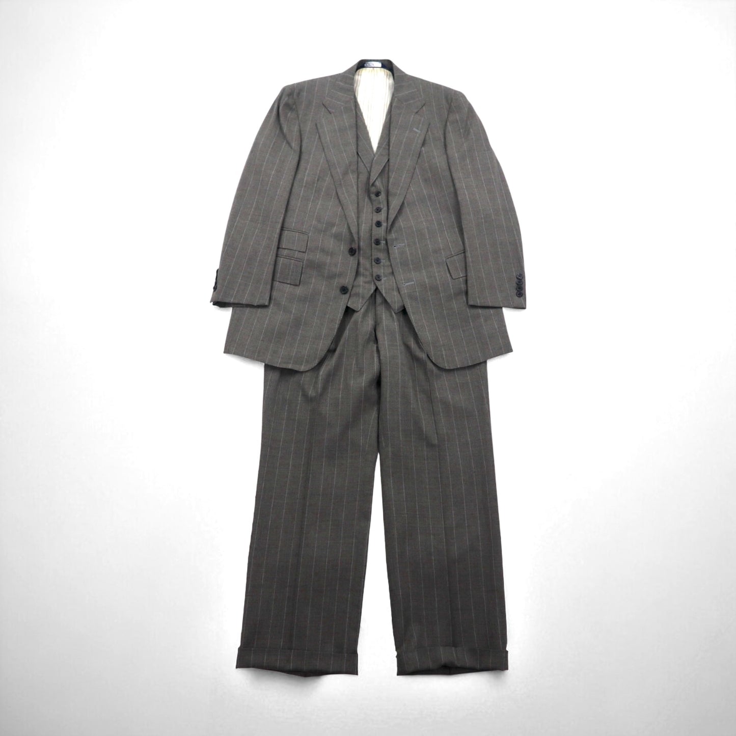 Polo by Ralph Lauren 90s 3-Piece Suit, Size L, Gray Striped Wool, Made in Japan