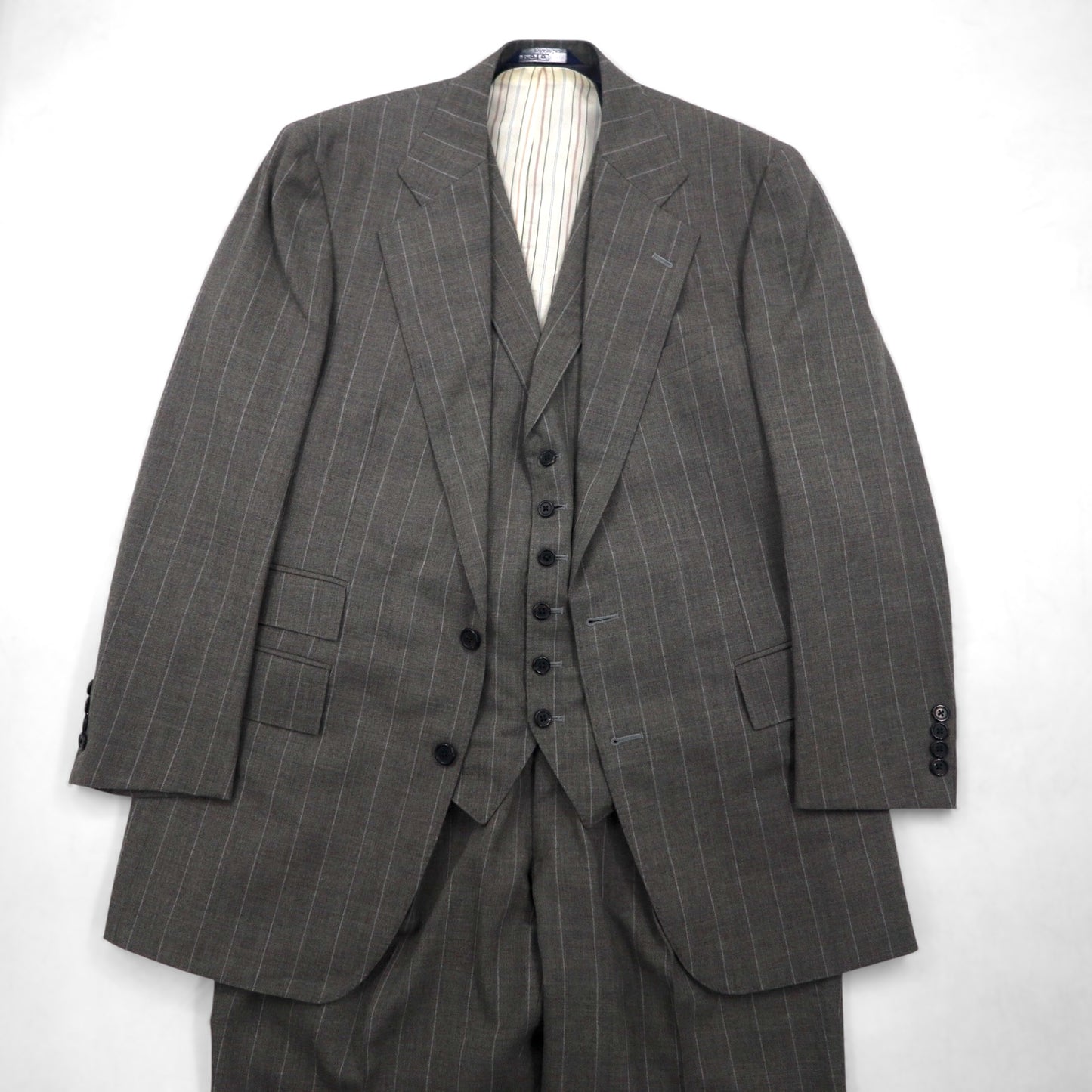 Polo by Ralph Lauren 90s 3-Piece Suit, Size L, Gray Striped Wool, Made in Japan