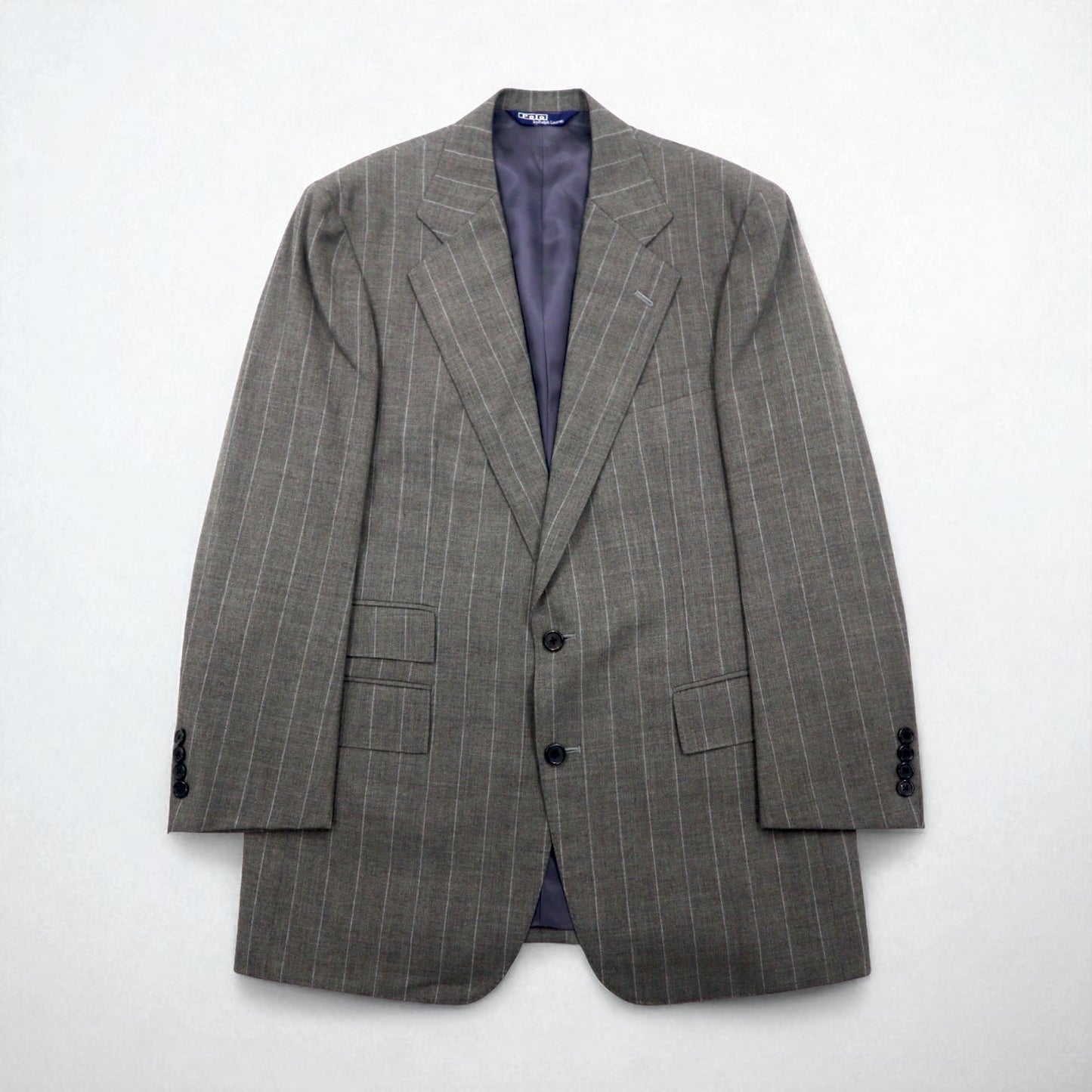 Polo by Ralph Lauren 90s 3-Piece Suit, Size L, Gray Striped Wool, Made in Japan