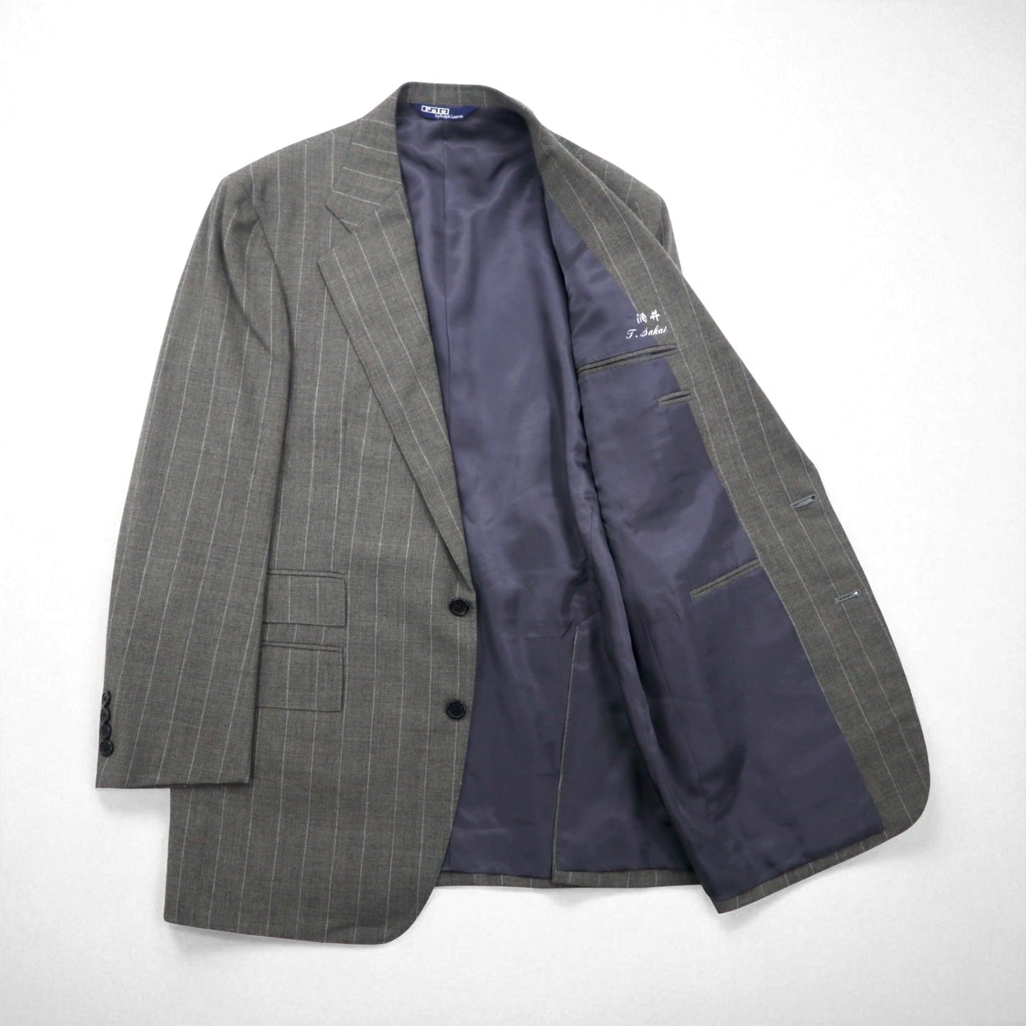 Polo by Ralph Lauren 90s 3-Piece Suit, Size L, Gray Striped Wool, Made in Japan