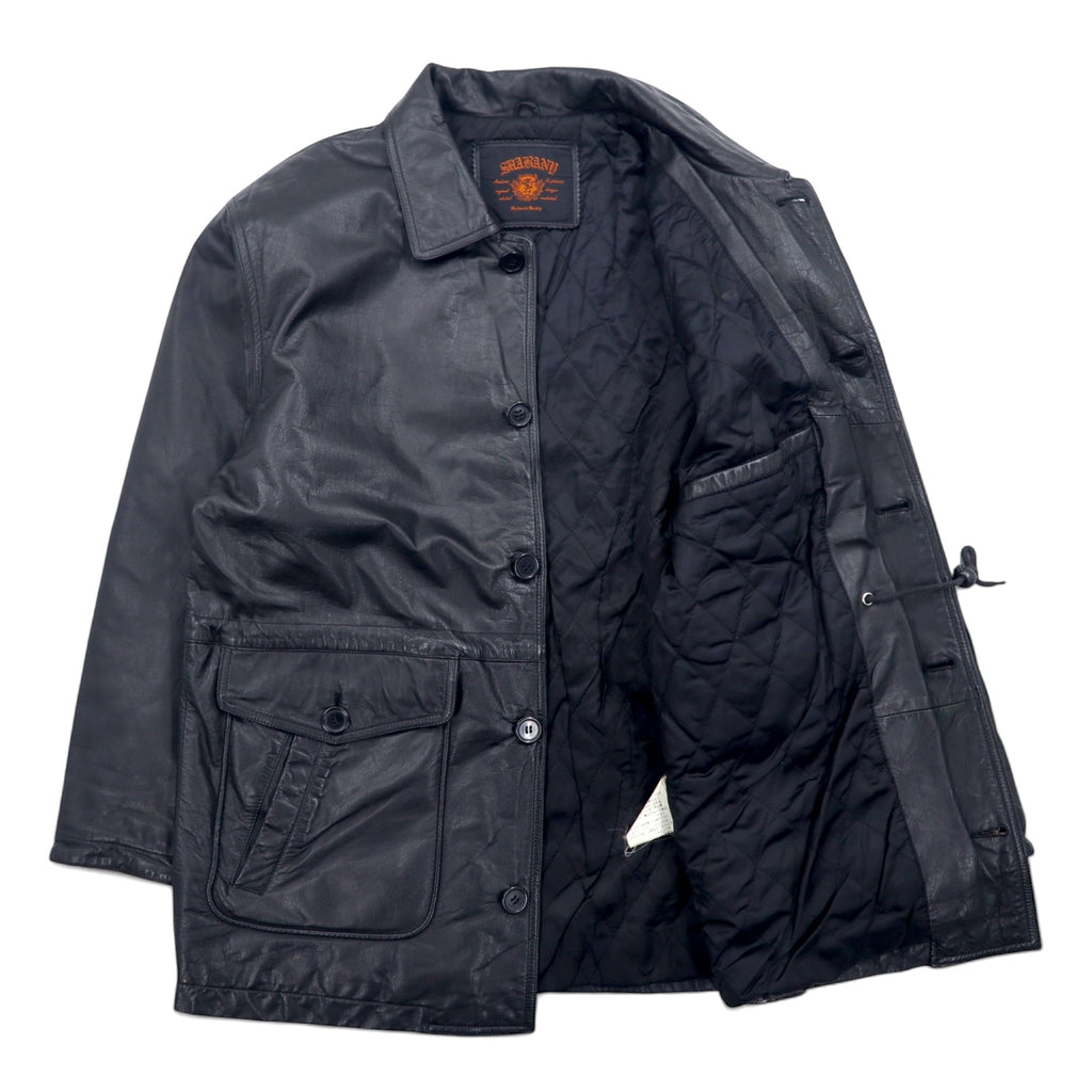 SHABANY Leather Jacket Car Coat L Black Cowhide Leather Drawstring Quilted Liner
