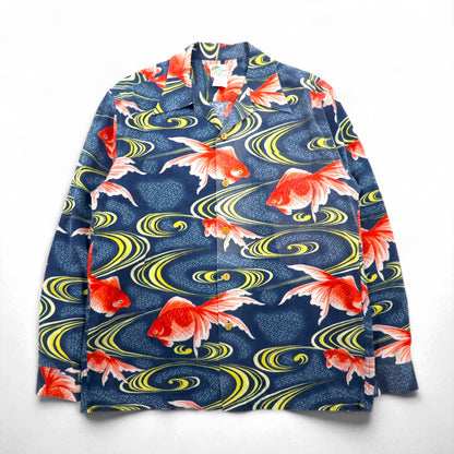 LALAKAI 長袖 オープンカラー アロハシャツ XL ネイビー シルク 和柄 金魚 HL015NLN