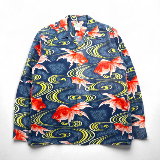 LALAKAI 長袖 オープンカラー アロハシャツ XL ネイビー シルク 和柄 金魚 HL015NLN