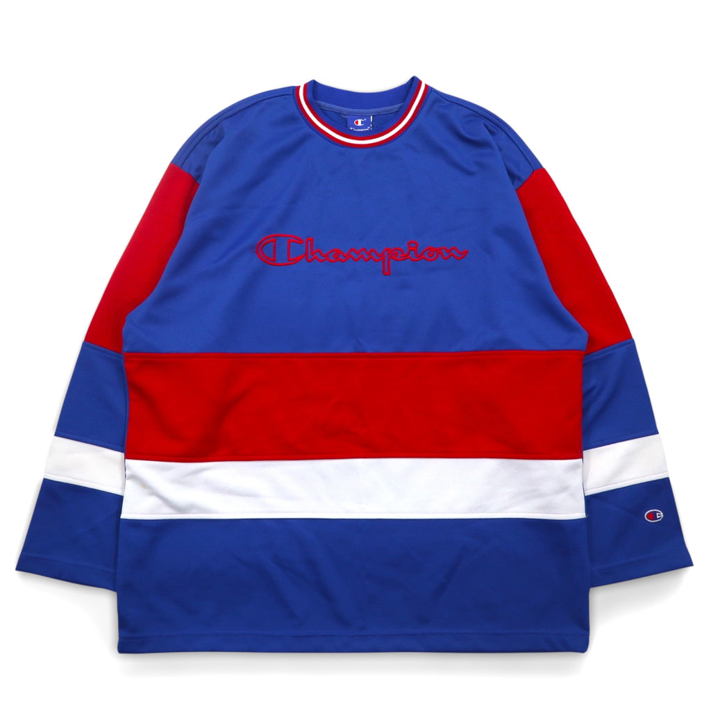 Champion 90s Tricolor Game Shirt, L, Blue, Polyester, Embroidered Logo, Blue Embroidered Tag