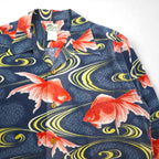 LALAKAI Long Sleeve Open Collar Aloha Shirt, Size XL, Navy, Silk, Japanese Goldfish Pattern, HL015NLN