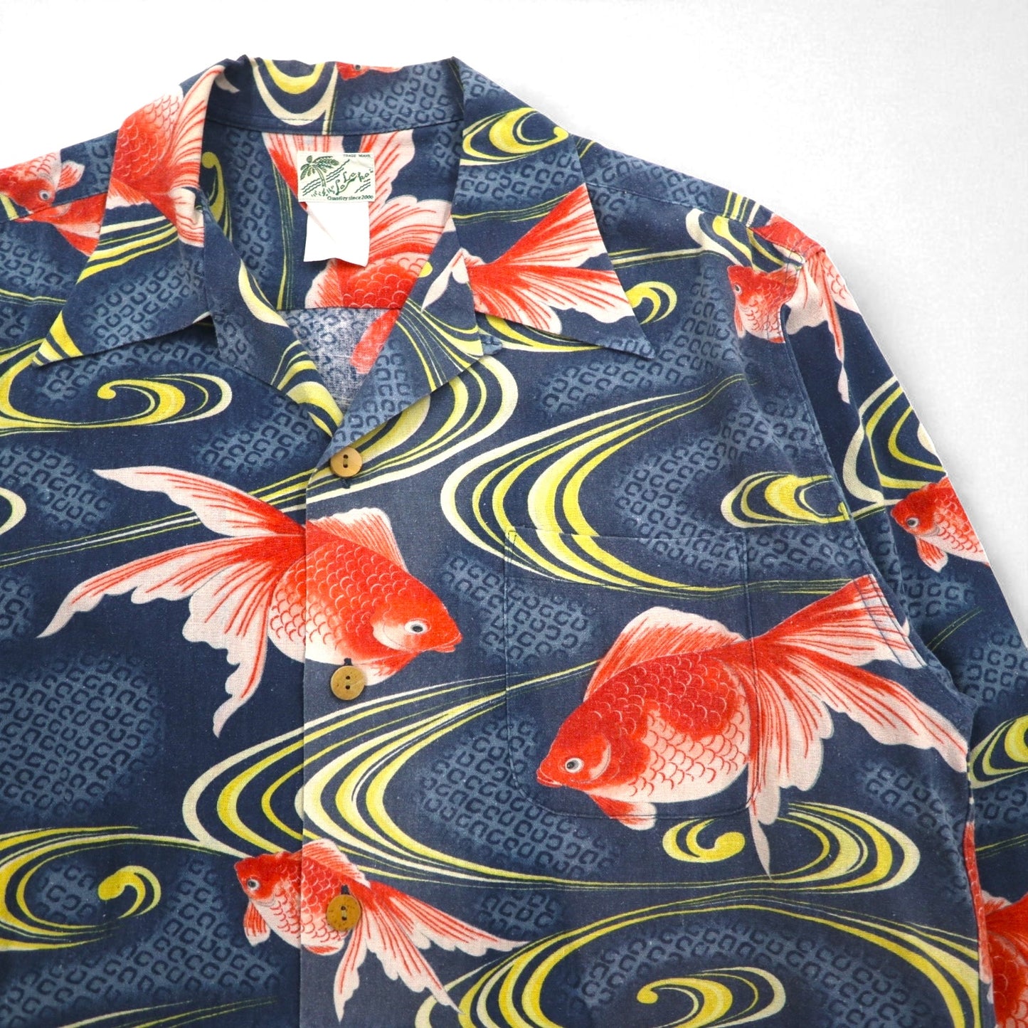 LALAKAI 長袖 オープンカラー アロハシャツ XL ネイビー シルク 和柄 金魚 HL015NLN