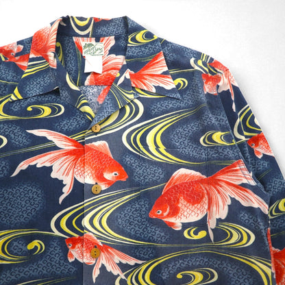 LALAKAI 長袖 オープンカラー アロハシャツ XL ネイビー シルク 和柄 金魚 HL015NLN