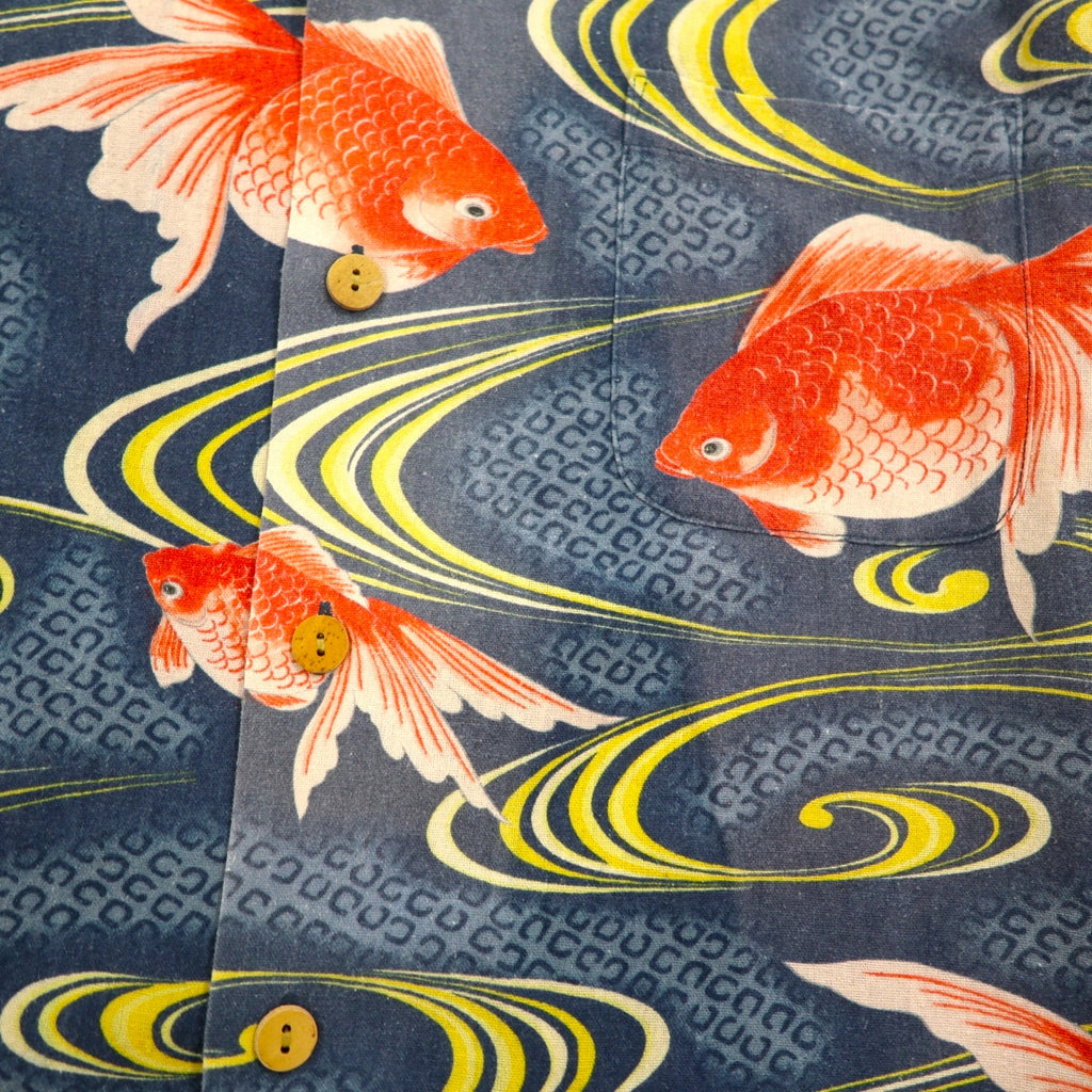 LALAKAI Long Sleeve Open Collar Aloha Shirt, Size XL, Navy, Silk, Japanese Goldfish Pattern, HL015NLN