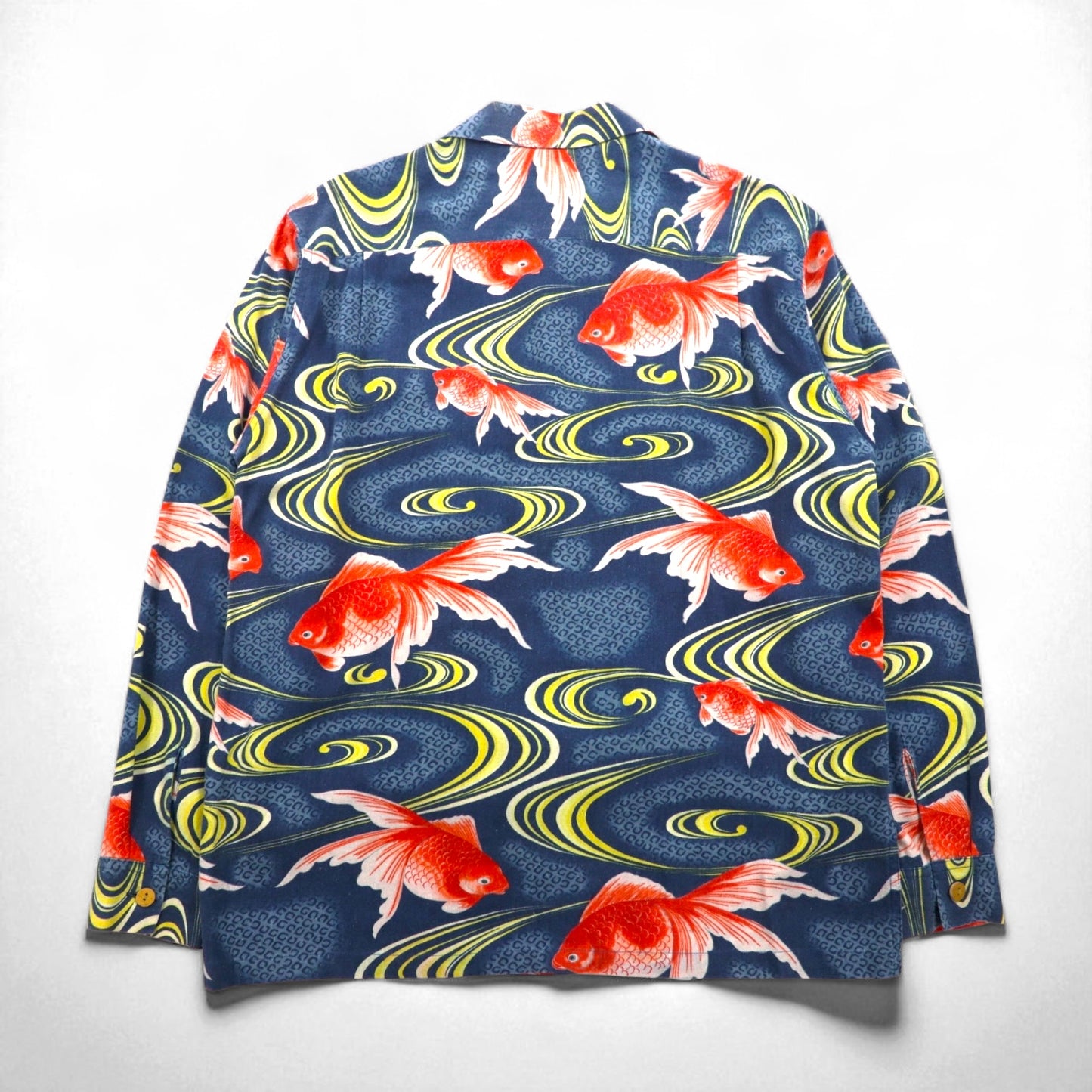 LALAKAI 長袖 オープンカラー アロハシャツ XL ネイビー シルク 和柄 金魚 HL015NLN