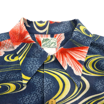 LALAKAI 長袖 オープンカラー アロハシャツ XL ネイビー シルク 和柄 金魚 HL015NLN