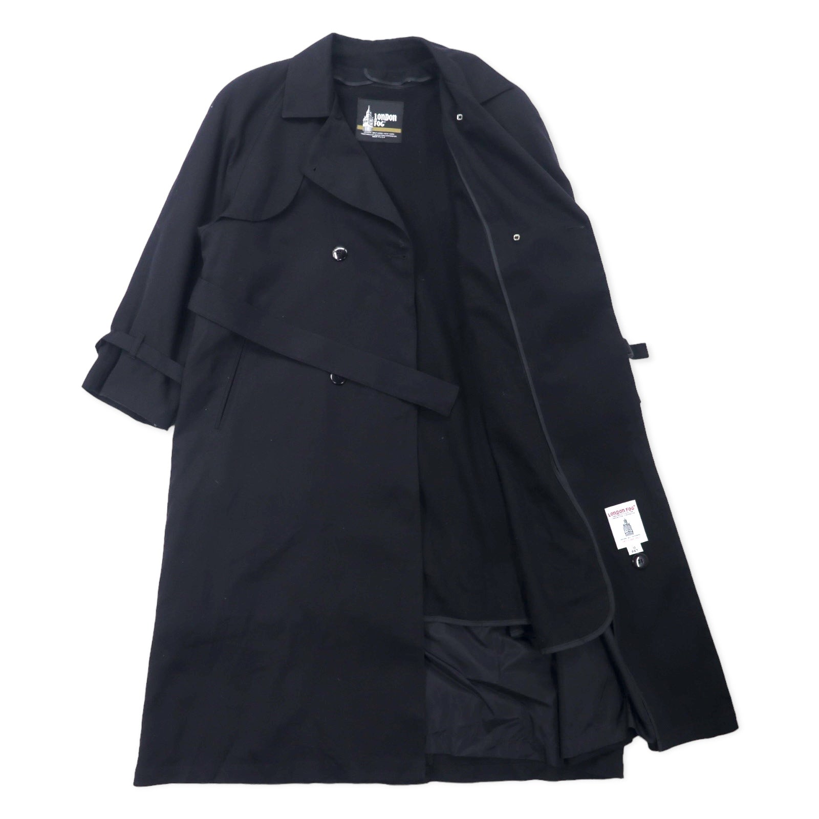 LONDON FOG Made in USA 80's Double Breasted Trench Coat 10 Black Polyester Removable Liner