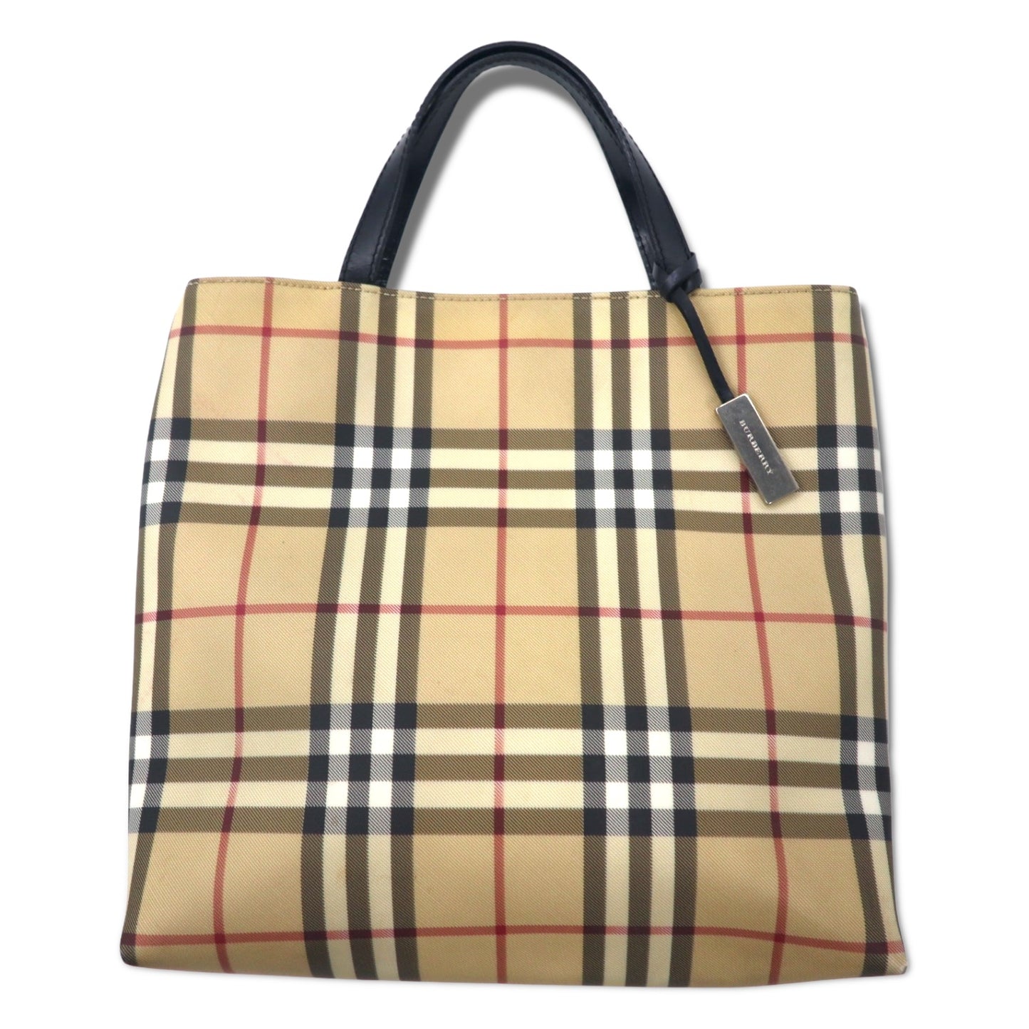 BURBERRY Checked Tote Bag Handbag PVC Leather Handle Beige – 日本然リトテ