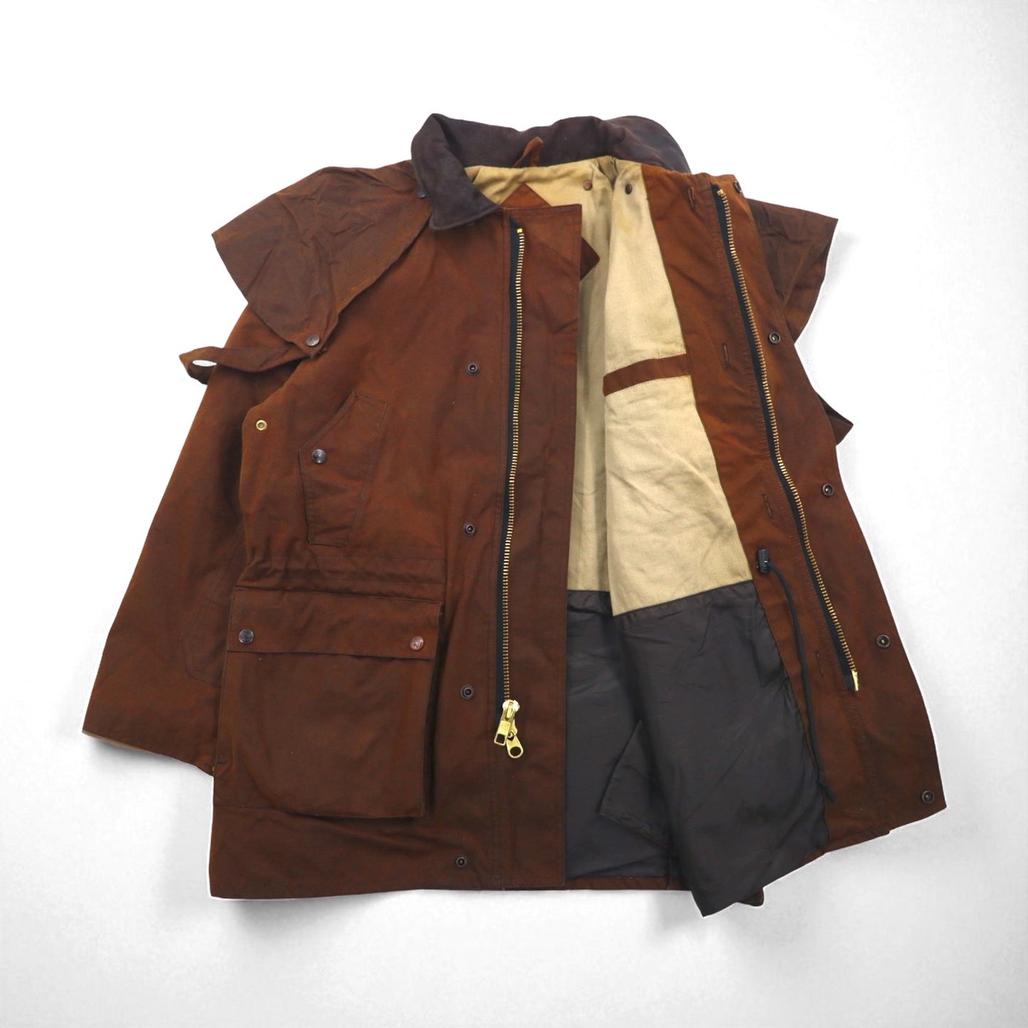 OUTBACK Oiled Hunting Jacket, Size L, Brown, Leather Collar, with Cape, Country Man