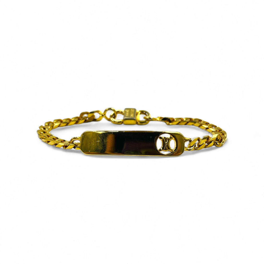 CELINE Vintage Kihei Chain Bracelet Gold Triomphe ID Plate Made in Italy