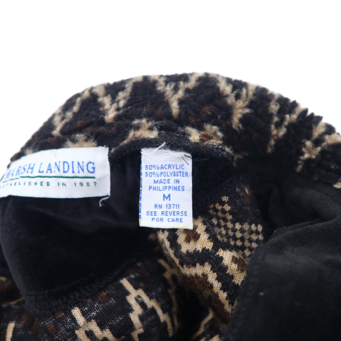 90s MARSH LANDING Boa Fleece Jacket M Brown All-over Nordic Pattern Acrylic Drawstring