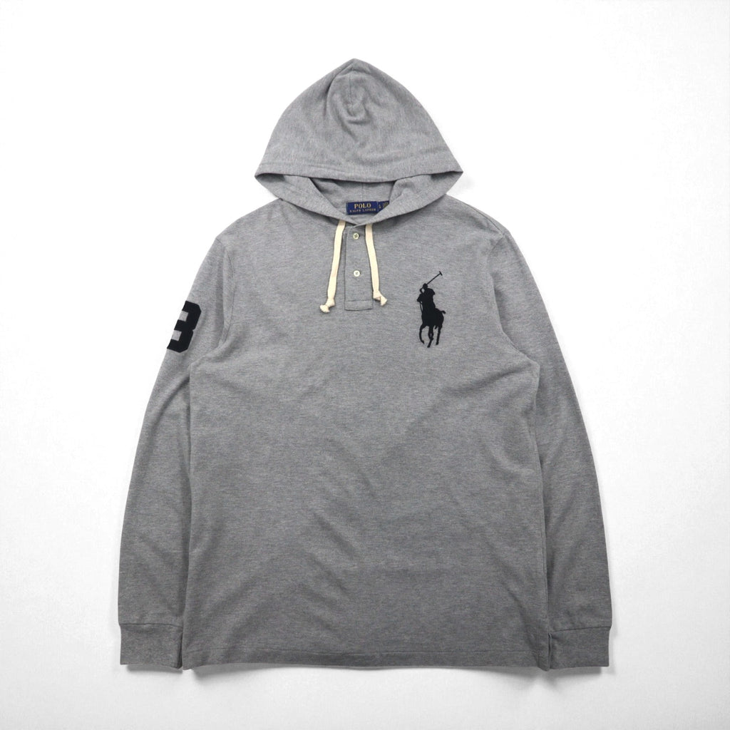 Polo Ralph Lauren Henley Hoodie, Large, Gray Embroidery Big Pony, Pique Half-Button Pullover