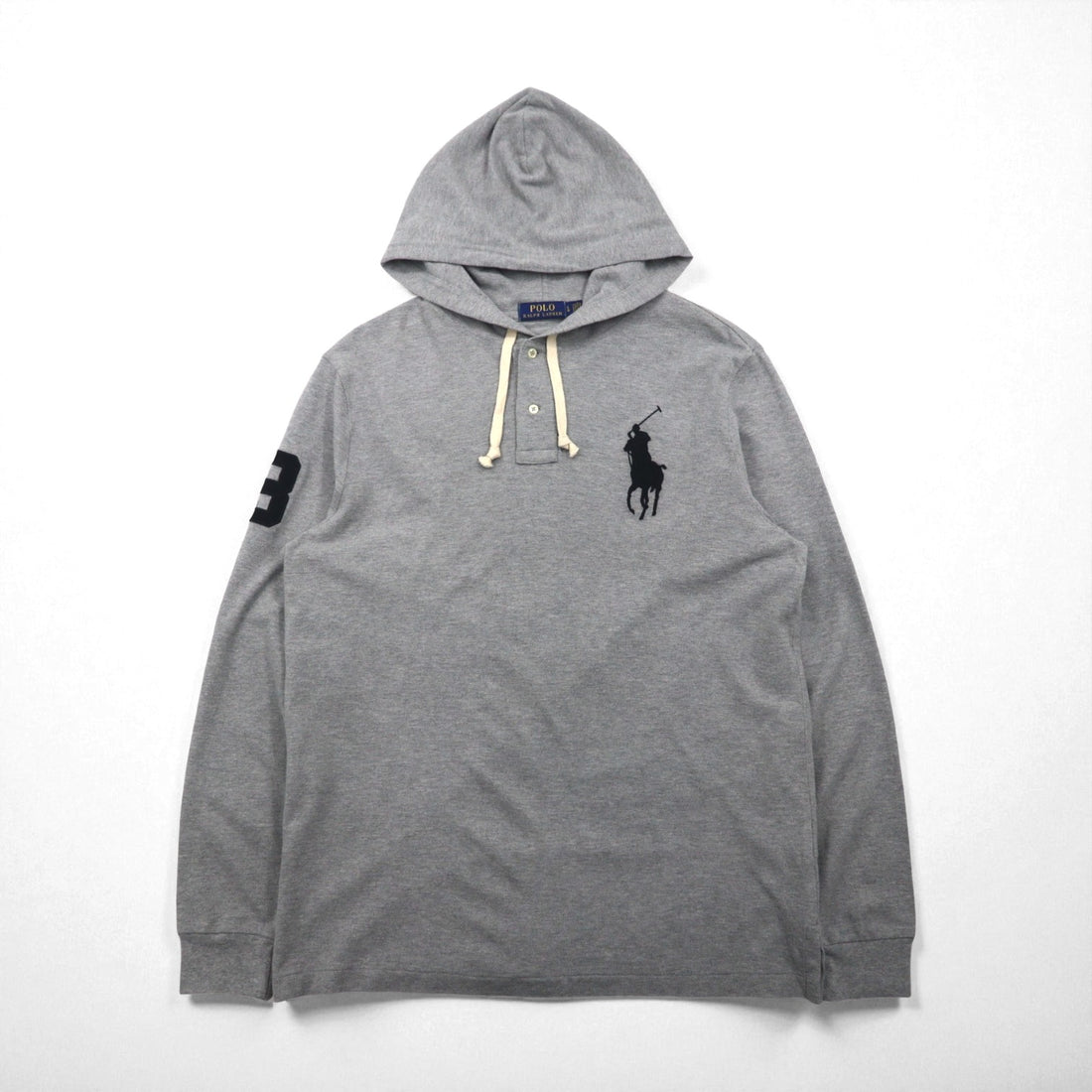 Polo Ralph Lauren Henley Hoodie, Large, Gray Embroidery Big Pony, Pique Half-Button Pullover