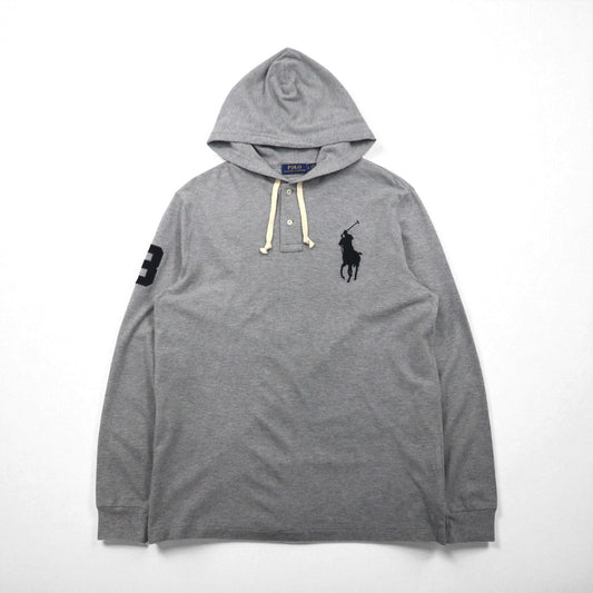 Polo Ralph Lauren ヘンリーネック パーカー L グレー 刺繍 ビッグポニー 鹿の子 ハーフボタン プルオーバー