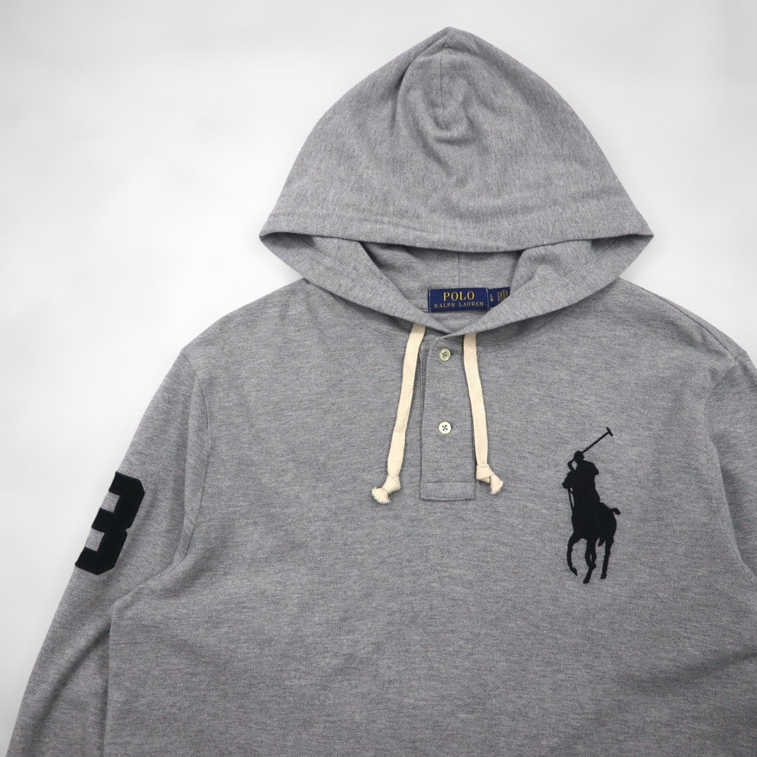 Polo Ralph Lauren Henley Hoodie, Large, Gray Embroidery Big Pony, Pique Half-Button Pullover
