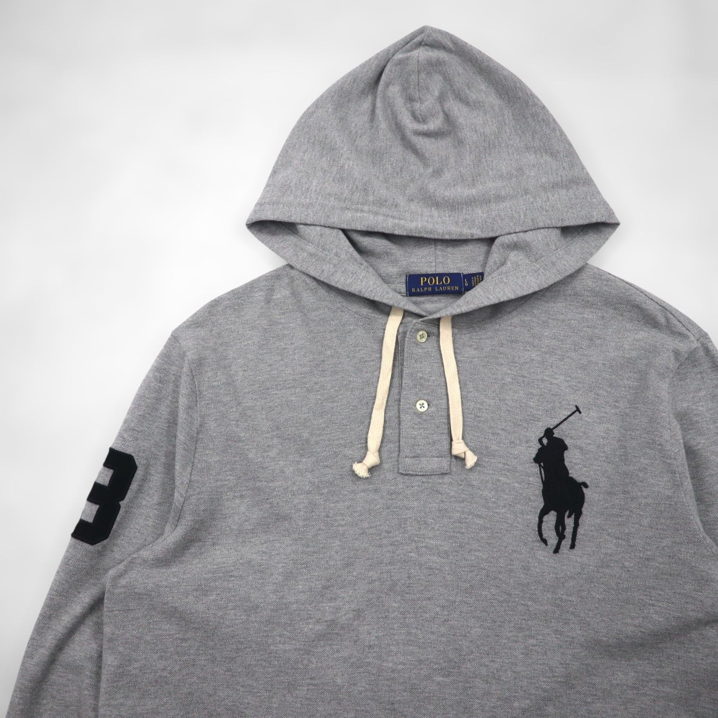 Polo Ralph Lauren ヘンリーネック パーカー L グレー 刺繍 ビッグポニー 鹿の子 ハーフボタン プルオーバー