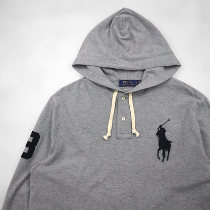 Polo Ralph Lauren ヘンリーネック パーカー L グレー 刺繍 ビッグポニー 鹿の子 ハーフボタン プルオーバー