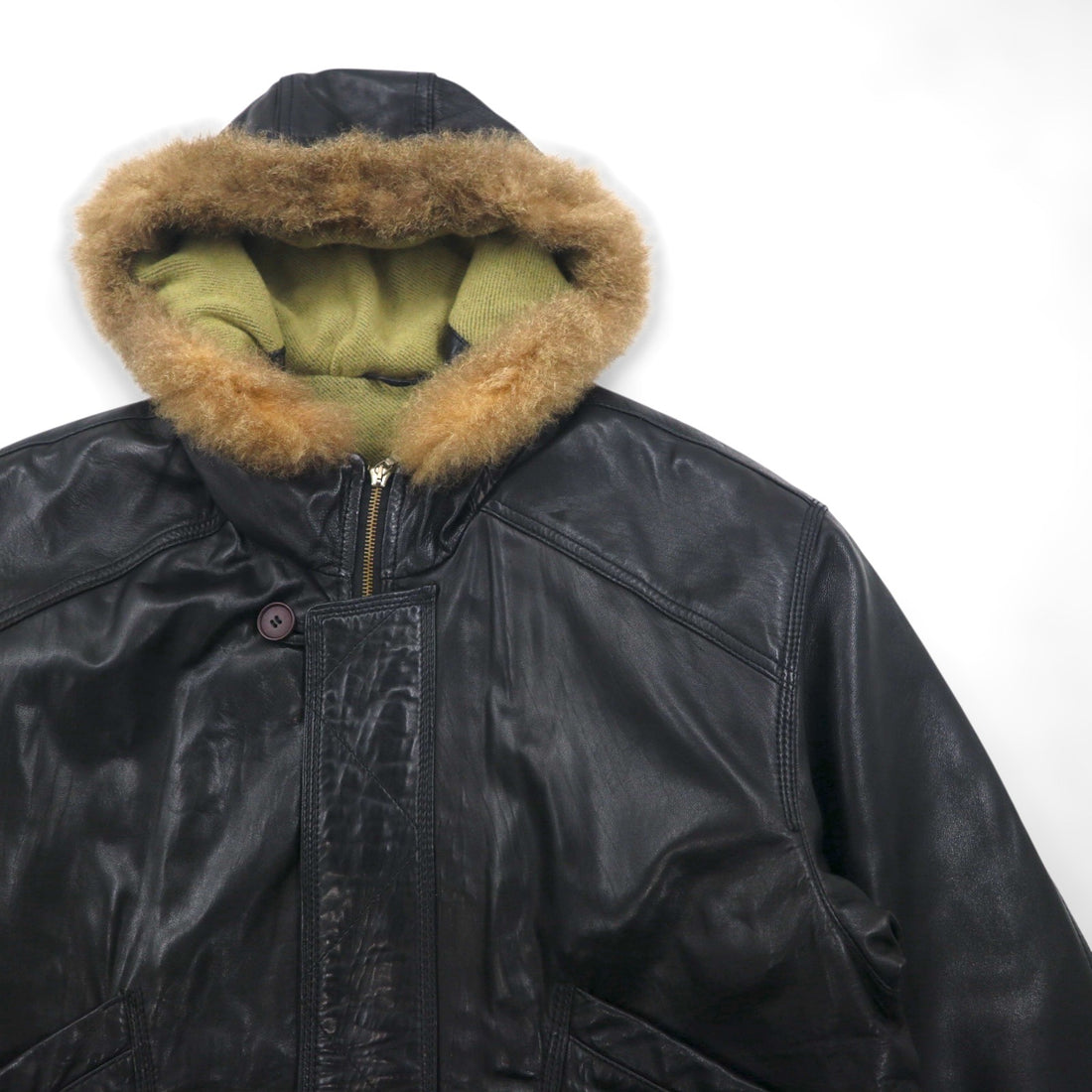 GARA 90s Vintage Lambskin Coat, Lamb Leather N-3B Flight Jacket, Medium, Fur, Bi-Flap, Riri Zip