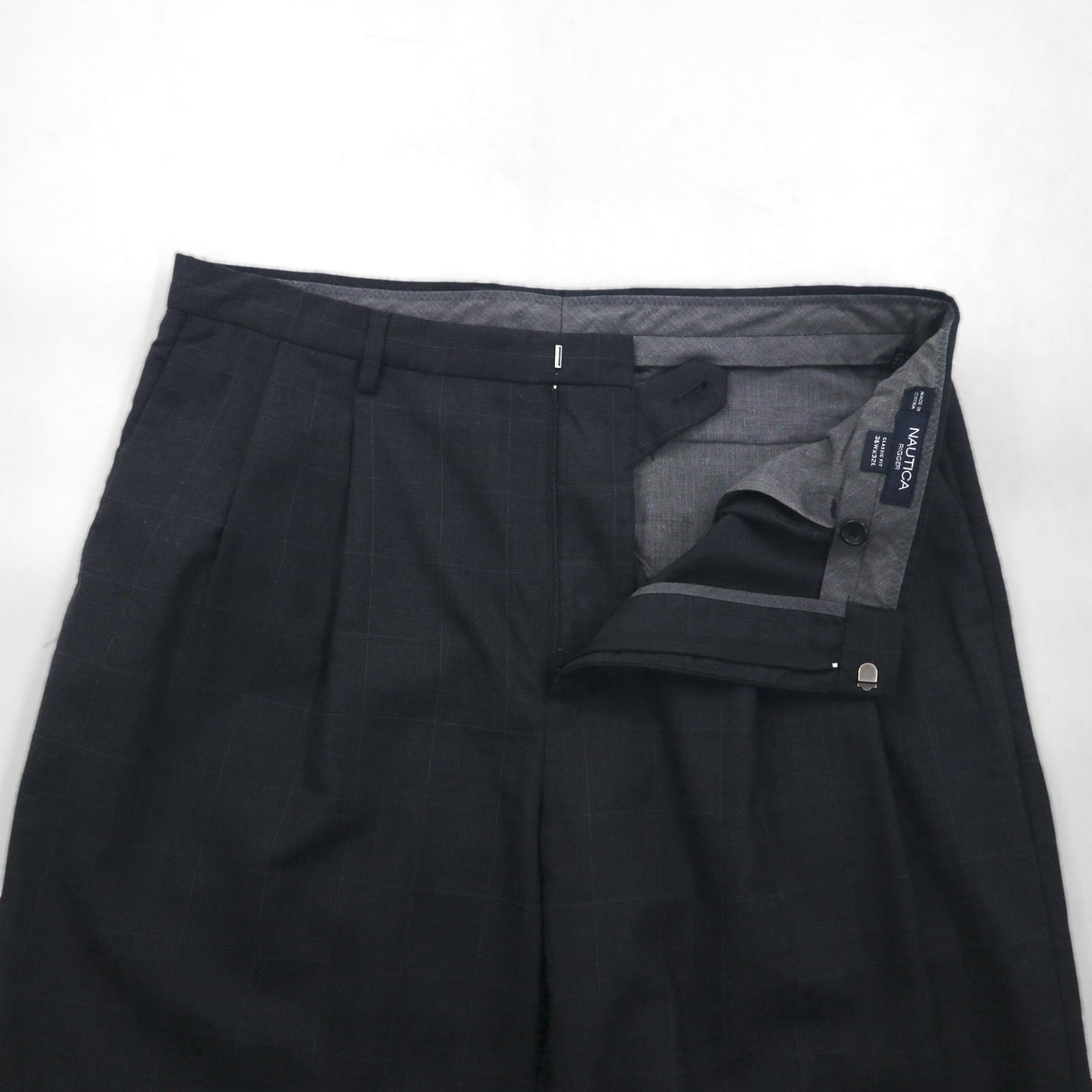 NAUTICA RIGGER Classic Fit 2-Puck Wide Leg Slacks, Size L, Gray Check Wool