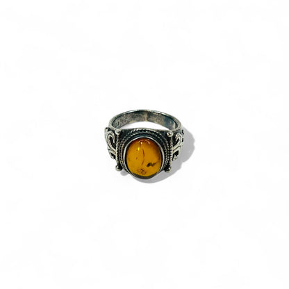 Vintage Silver Amber Ring Vintage oval amber stone ring, size 17, 925 silver