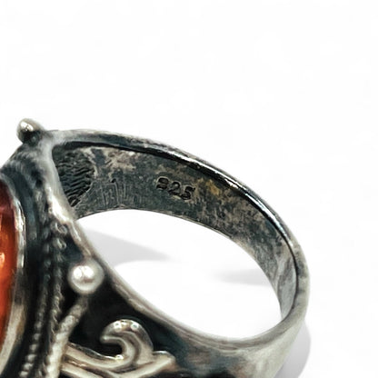 Vintage Silver Amber Ring Vintage oval amber stone ring, size 17, 925 silver