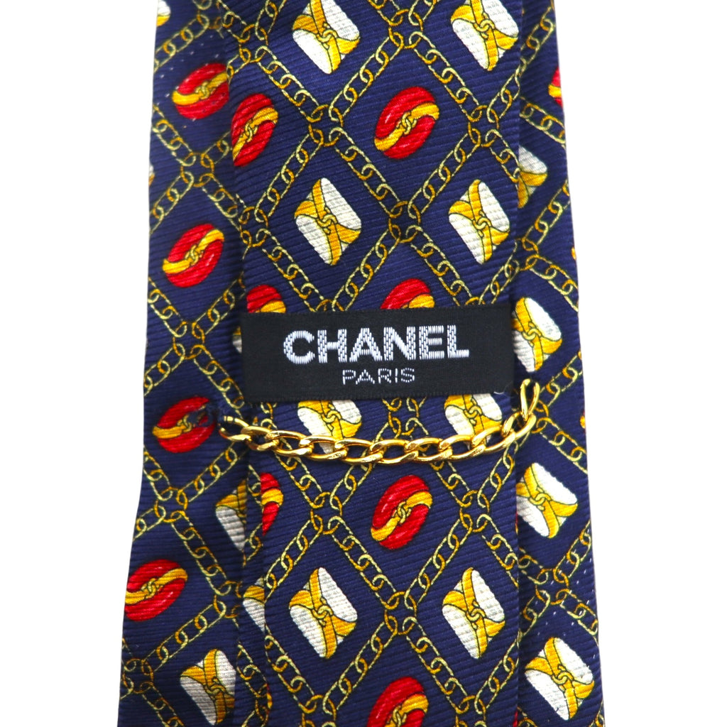 CHANEL Made in Italy Vintage Tie Navy Silk All-Over Pattern Chain