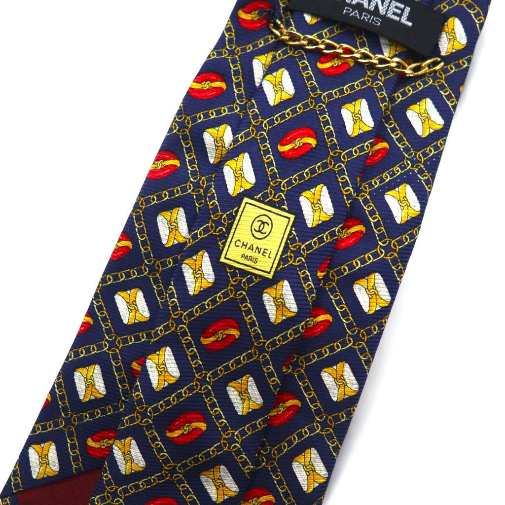 CHANEL Made in Italy Vintage Tie Navy Silk All-Over Pattern Chain