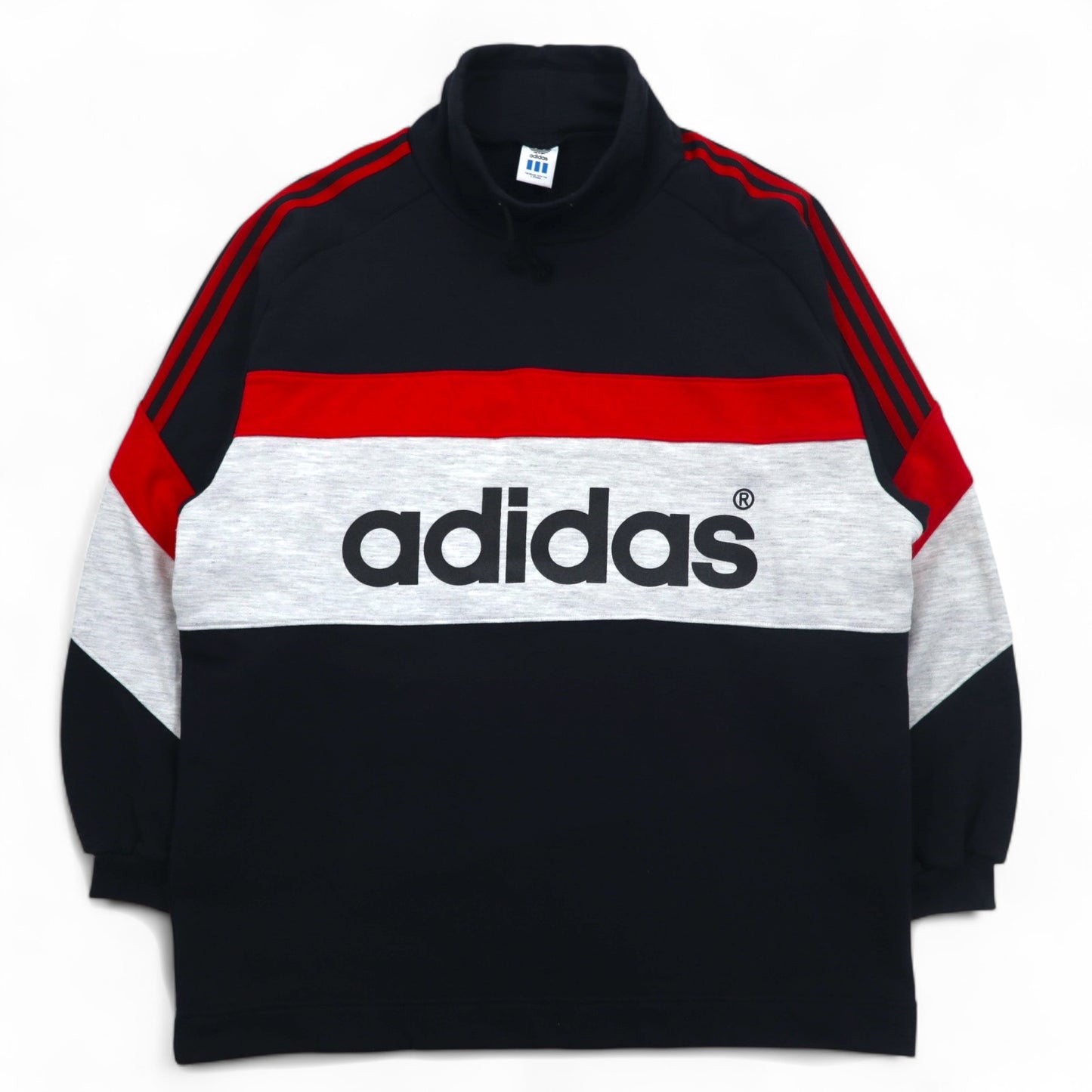 adidas 90年代 デサント社製 ドローコード ハイネック スウェット L ブラック 両面プリント 日本製