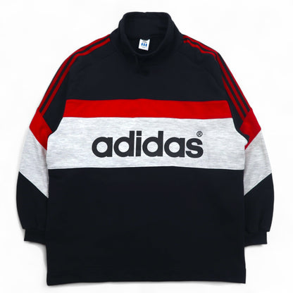 adidas 90年代 デサント社製 ドローコード ハイネック スウェット L ブラック 両面プリント 日本製