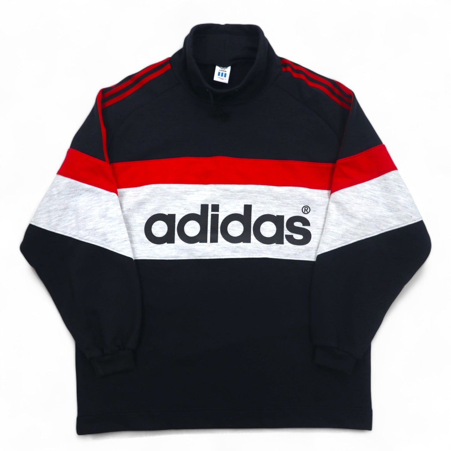 adidas 90年代 デサント社製 ドローコード ハイネック スウェット L ブラック 両面プリント 日本製