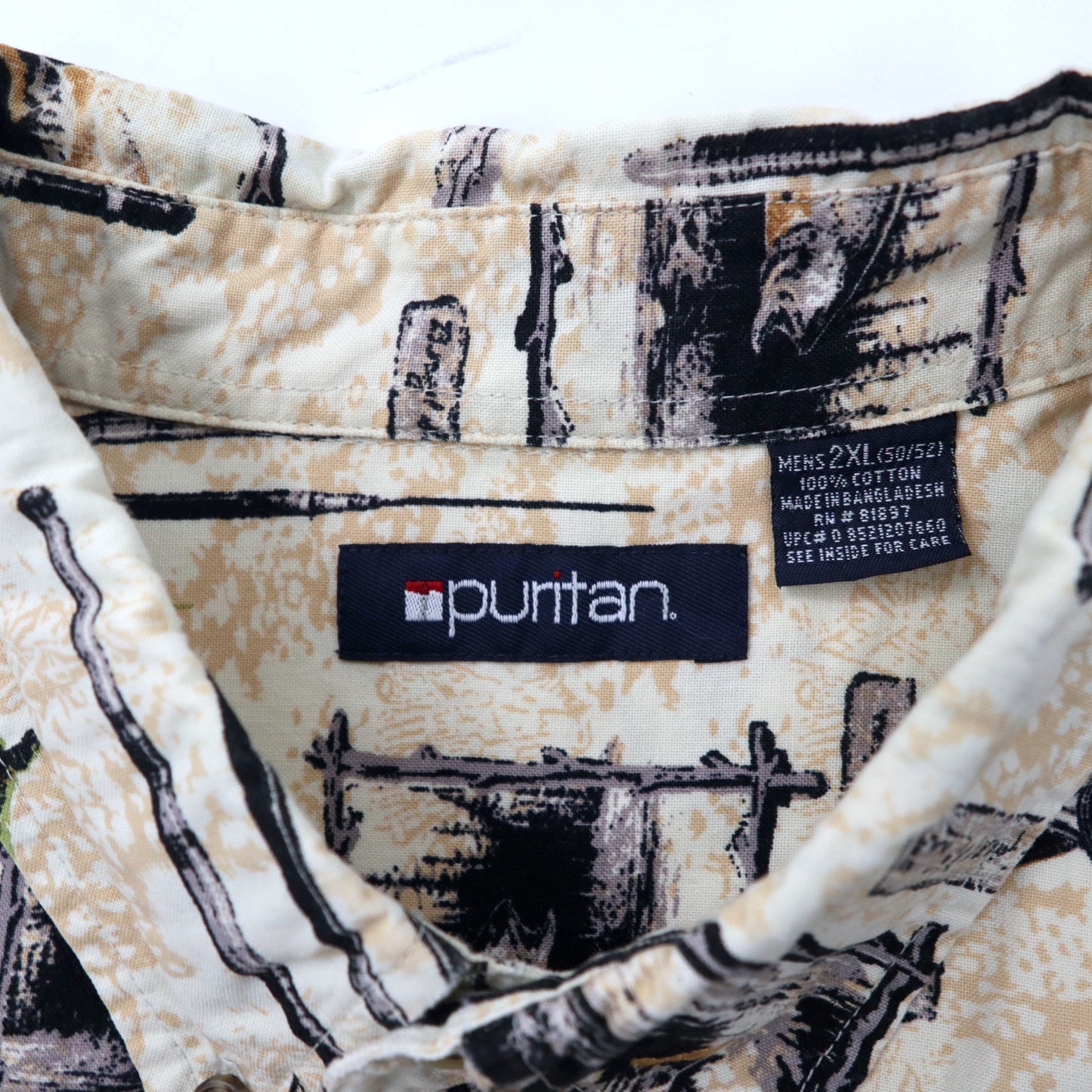 puritan ボタンダウン アロハシャツ 2XL ホワイト 総柄 フィッシング コットン ビッグサイズ