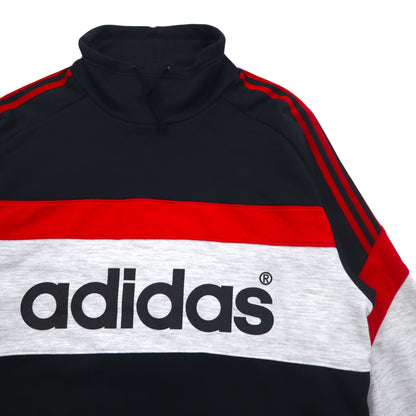 adidas 90年代 デサント社製 ドローコード ハイネック スウェット L ブラック 両面プリント 日本製