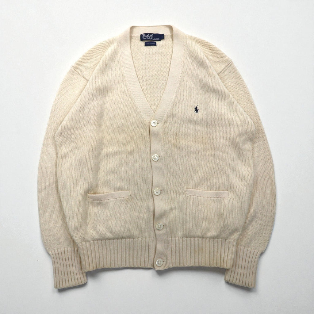 Polo Ralph Lauren 90年代 コットンニット カーディガン L オフホワイト 生成り スモールポニー刺繡 パッチポケット