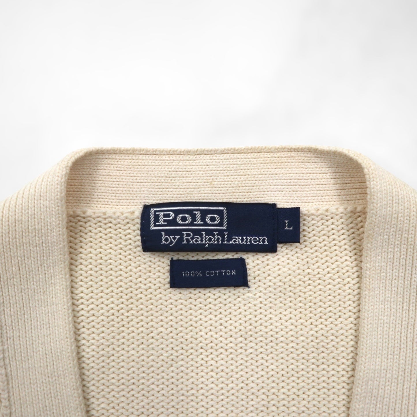 Polo Ralph Lauren 90年代 コットンニット カーディガン L オフホワイト 生成り スモールポニー刺繡 パッチポケット
